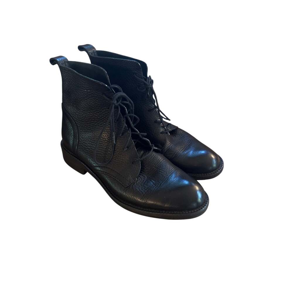 Women 39.5 9.5 Pedro Garcia Black Leather Lace-Up Boots Booties Pebbled Ankle